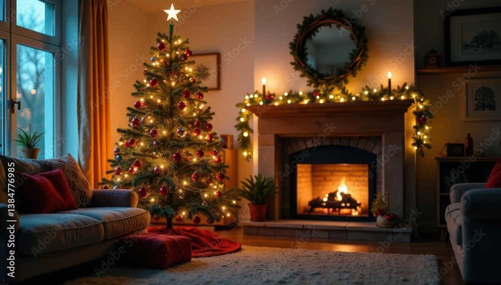Cozy Christmas tree in living room with colorful ornaments and twinkling lights, season, winter wonderland, joyful Cozy Christmas tree in living room with colorful ornaments and twinkling lights, season, winter wonderland, joyful