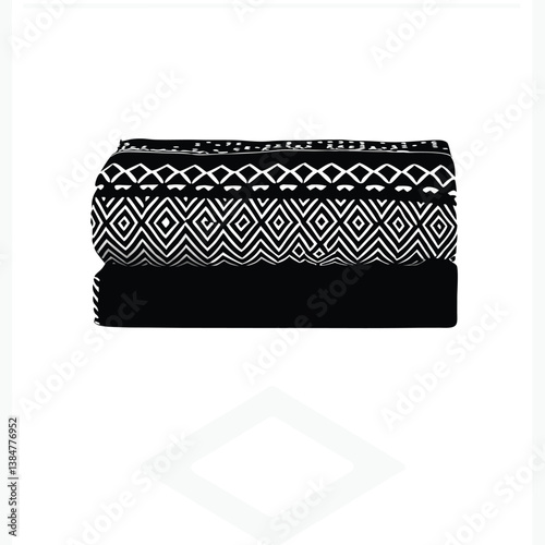 Black and white graphic design of a decorative stack of towels featuring floral patterns, representing linen and textile household items with a clean, elegant, and stylish aesthetic.


