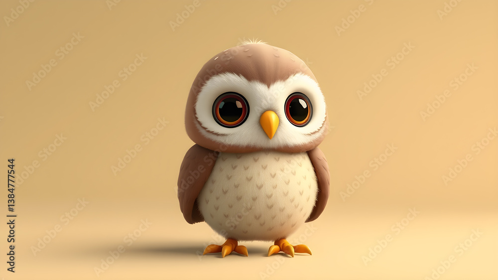Obraz premium Baby owl, cartoon, tiny cute and adorable owl. 3D illustration Generative AI