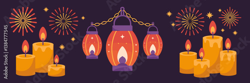 Celebration icon set with ornate lanterns, flickering candles, and vibrant fireworks