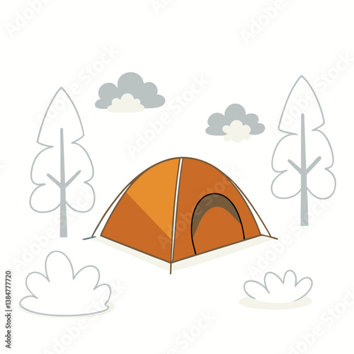 Digital illustration of a camping tent set outdoors among pine trees under clouds, capturing nature, adventure, and wilderness in a scenic landscape with camping gear for outdoor enthusiasts.