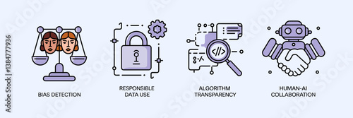 Thin-line ethical AI icons depicting bias detection, data security, and human-AI collaboration