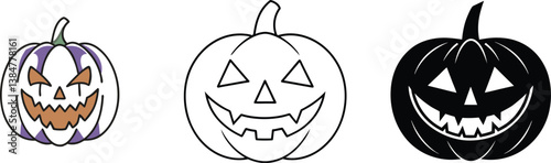 Halloween JackoLantern Pumpkins Carved, Outline, and Solid Black Designs