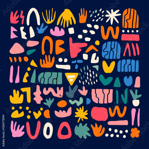 Abstract shapes, colorful composition on a dark ground: A vibrant arrangement of abstract shapes, each painted in a bold hue.