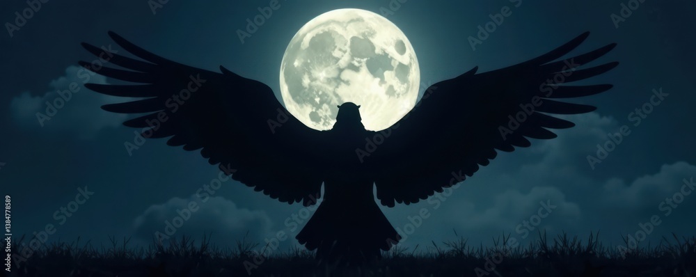 Fototapeta premium Dark wings spread wide, shadowy silhouette against moonlit sky, animal, wing