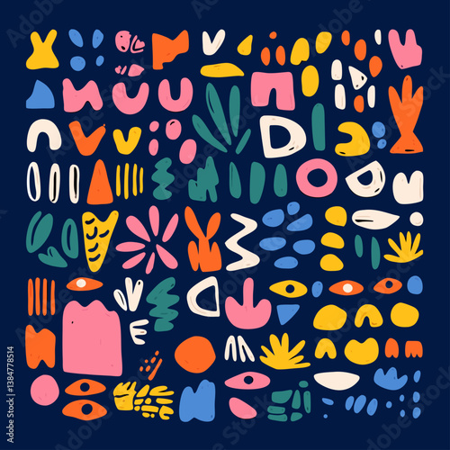 Abstract Pattern: A vibrant abstract pattern with colorful shapes against a dark background, evoking a sense of playful creativity and modern design.