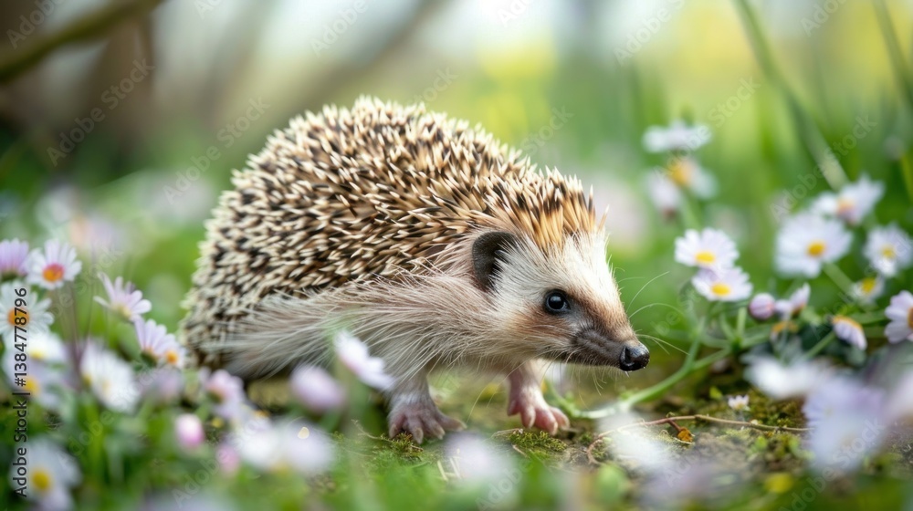 Fototapeta premium A hedgehog walking through a blooming garden. stock photo --ar 16:9 --style raw --v 6 Job ID: 134e7e01-73eb-4535-900a-fc5980b6b2f0