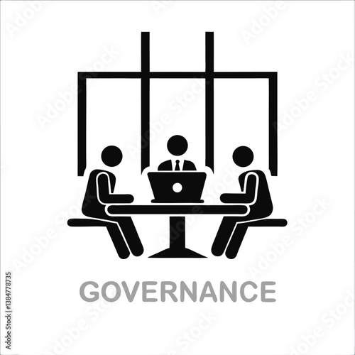 Graphic design featuring black silhouette figures seated at a table with the text "GOVERNANCE," using simple geometric shapes to represent leadership, decision-making, and institutional str