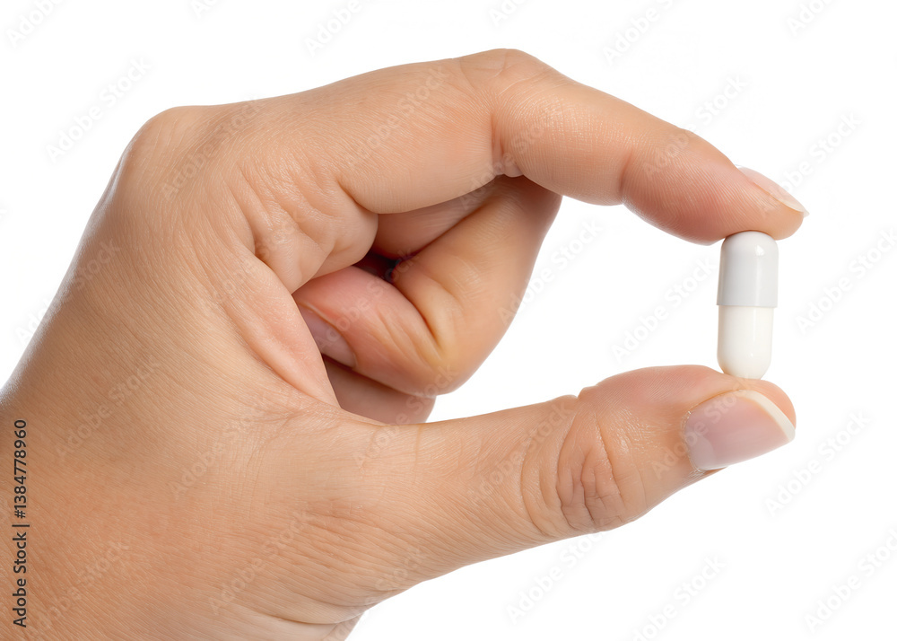 Hand holding a pill between thumb and forefinger isolated on transparent background Generative Ai.
Hand holding a pill between thumb and forefinger isolated on transparent background Generative Ai.