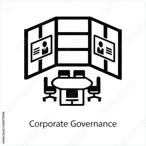 Graphic design featuring black silhouette figures seated at a table with the text "GOVERNANCE," using simple geometric shapes to represent leadership, decision-making, and institutional str