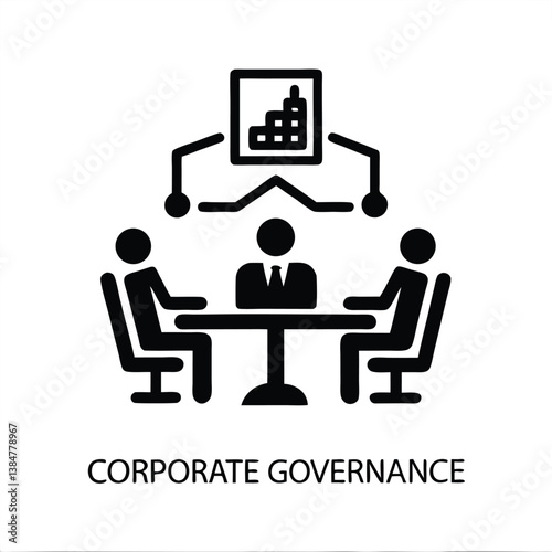 Graphic design featuring black silhouette figures seated at a table with the text "GOVERNANCE," using simple geometric shapes to represent leadership, decision-making, and institutional str