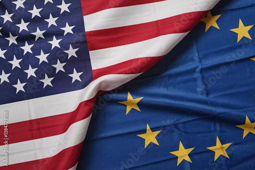 USA flag on one side and EU flag on other side. Concept for tariff war