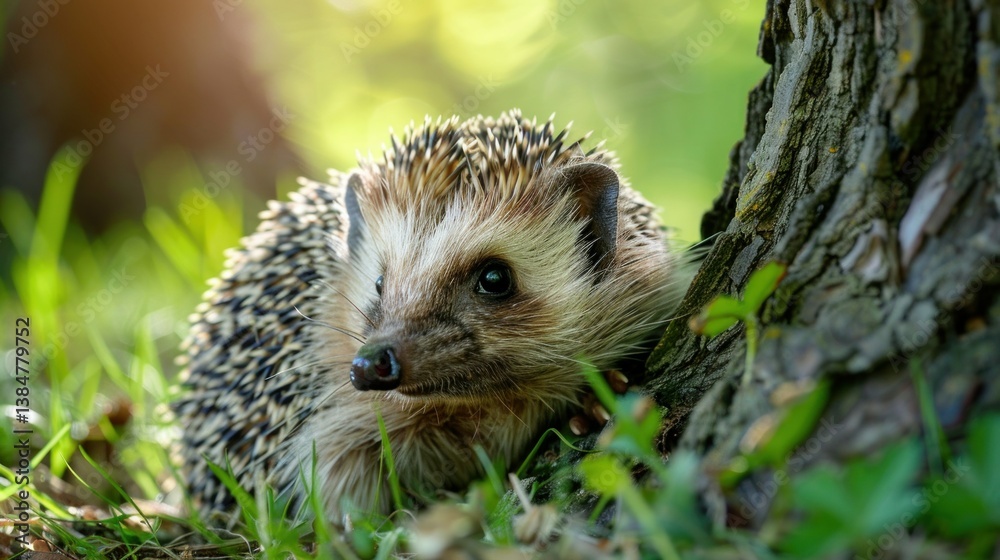 Fototapeta premium A hedgehog enjoying the shade of a garden tree. stock photo --ar 16:9 --style raw --v 6 Job ID: c7e0cc13-63c0-4dcf-beac-84856bc380ba