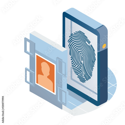 a digital illustration of biometric fingerprint, 3D isometric illustration of a fingerprint security identification system featuring biometric scanning, digital verification, password protection
