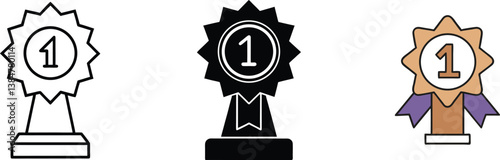 First Place Award Trophy Icons Outline, Black, Gold