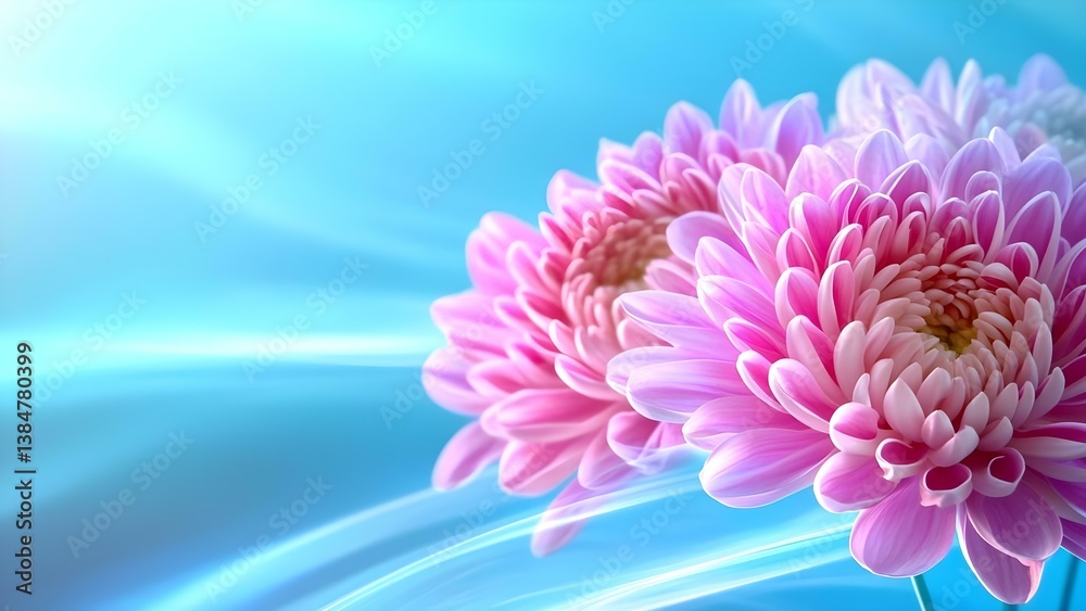 Obraz premium A close-up of beautiful pink chrysanthemums against a soft blue background, conveying a serene and tranquil atmosphere. Concept Chrysanthemum Close-Up, Tranquil Floral Photography