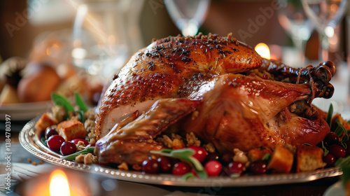A Thanksgiving turkey with cranberry sauce and stuffing