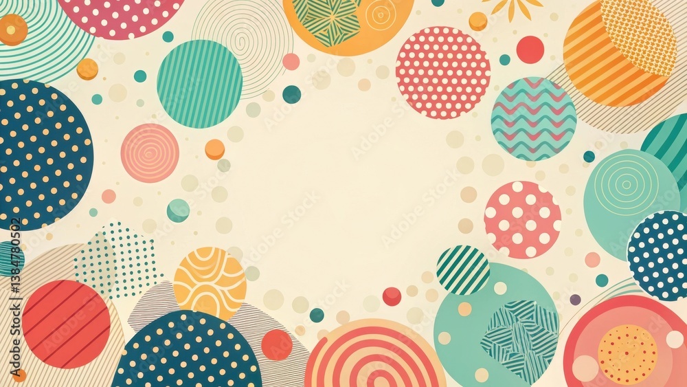 Joyful Celebration A Whimsical Arrangement of Colorful Circular Patterns and Decorative Elements with a Central Empty Space Ideal for Text or Images. Joyful Celebration A Whimsical Arrangement of Colorful Circular Patterns and Decorative Elements with a Central Empty Space Ideal for Text or Images.