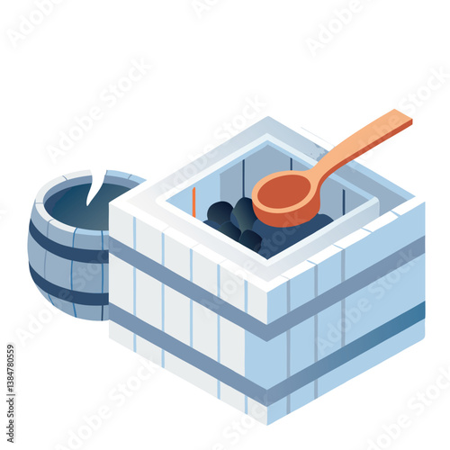3D isometric illustration featuring a wood barrel, wooden spoon, and blue crates with realistic materials, high detail, clean design, and cinematic lighting for a visually immersive composition.
