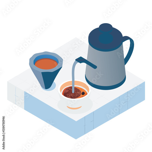 Isometric 3D render of kitchen utensils and kitchenware including teapot, cup, and filter, designed in a detailed yet minimalistic style as a clean and simple digital illustration.