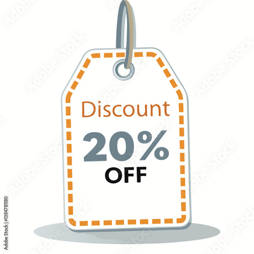 Pentagon-shaped discount tag with orange frame and white background featuring “20% OFF” text in a minimalist 3D render design with flat colors, ideal for promotions and modern retail graphics.