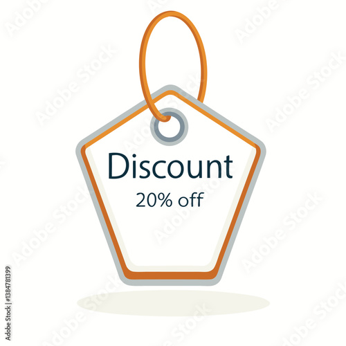 Pentagon-shaped discount tag with orange frame and white background featuring “20% OFF” text in a minimalist 3D render design with flat colors, ideal for promotions and modern retail graphics.