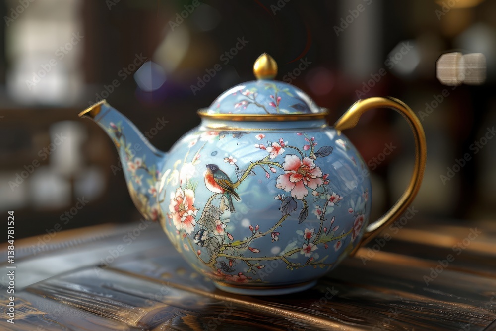 Decorative blue teapot with floral design placed on a wooden table in a cozy café