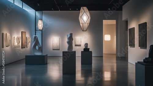 Fototapeta Naklejka Na Ścianę i Meble -  A contemporary art gallery featuring minimalist lantern-style lighting fixtures their clean geometric forms casting subtle light over the displayed sculptures and paintings