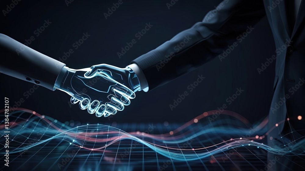 © Sohail - Digital Partnership: A futuristic handshake between human and digital entity symbolizes collaboration and technological advancement against a backdrop of glowing lines.