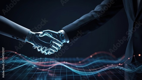 Digital Partnership: A futuristic handshake between human and digital entity symbolizes collaboration and technological advancement against a backdrop of glowing lines.