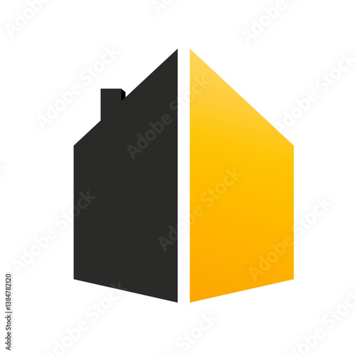 Modern house logo with a geometric design, featuring a black and yellow split view on a white background