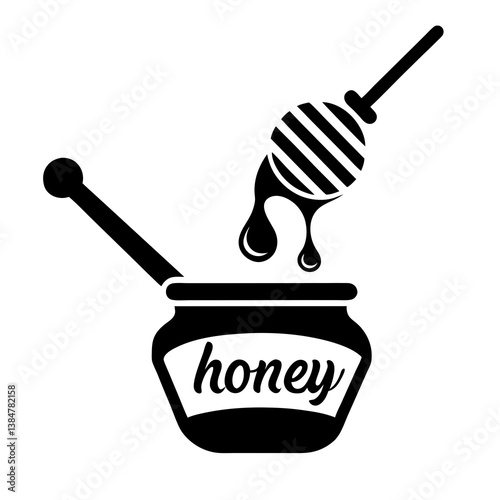 Honey dripping from a spoon and honey dipper with kitchen utensils on white background