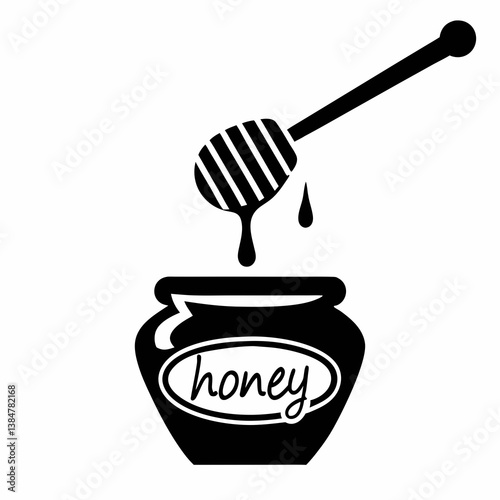Honey dripping from a spoon and honey dipper with kitchen utensils on white background
