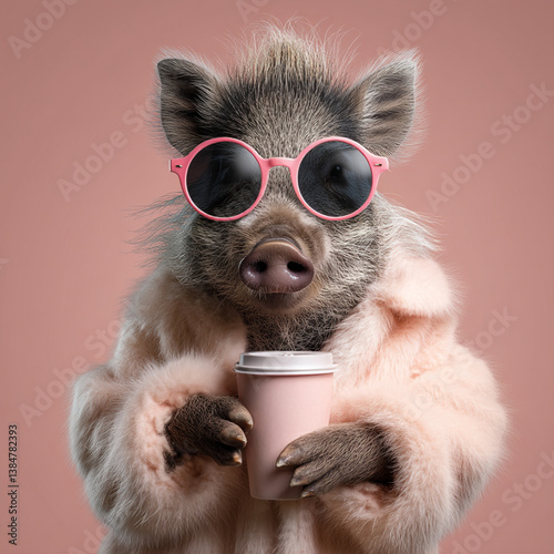 Stylish Pig with Coffee - Humorous Cartoon Illustration