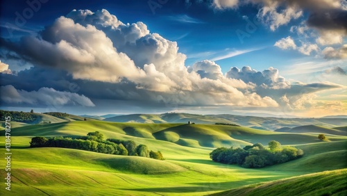 Obraz na płótnie Serene Rolling Hills Under a Dramatic Sky A Pastoral Landscape of Verdant Meadows and Lush Greenery, Bathed in the Golden Light of Sunset w salonie