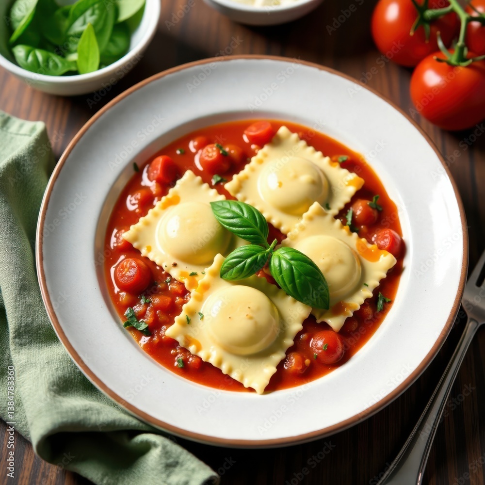 Fresh spinach and ricotta ravioli served with a homemade tomato sauce, tomato sauce, , italian food Fresh spinach and ricotta ravioli served with a homemade tomato sauce, tomato sauce, , italian food