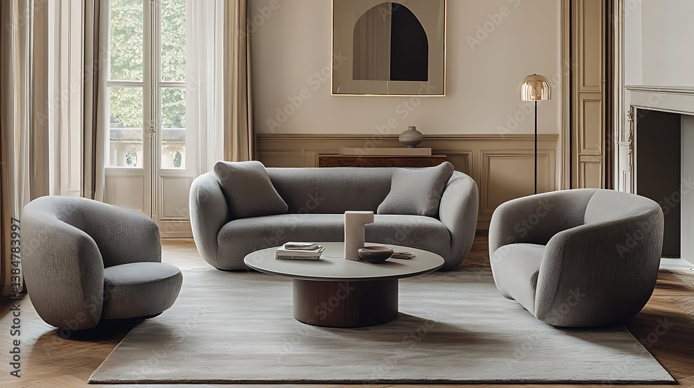 Fototapeta premium Living room furniture in neutral tones creates a soothing atmosphere. The set features a sofa, two armchairs, and a round coffee table, all arranged on a light-colored rug.