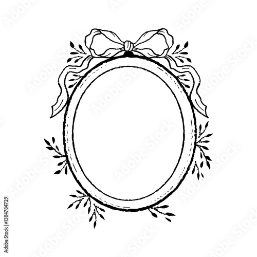 Vintage frame border illustration, Vector hand drawn design element, oval crest with ribbon bow.