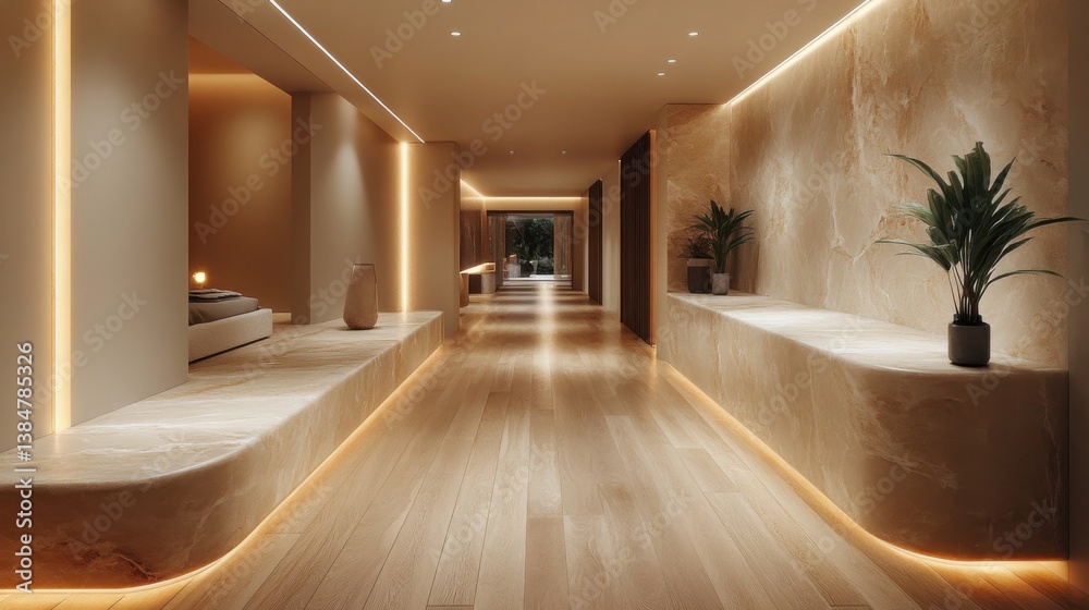 Modern Hallway with Light Wood Flooring and Recessed Lighting. Generative AI Modern Hallway with Light Wood Flooring and Recessed Lighting. Generative AI
