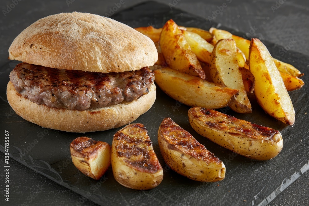 Delicious burger featuring marbled beef patty and crispy potato wedges on a black background Delicious burger featuring marbled beef patty and crispy potato wedges on a black background