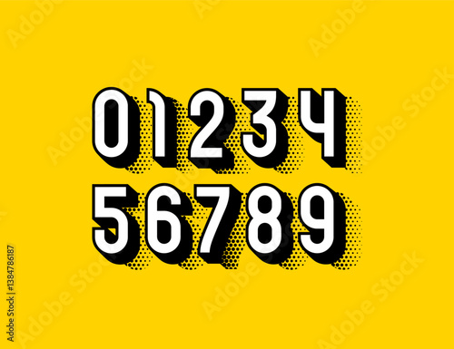3D numbers, trendy modern numerals from 0 to 9 made in halftone style