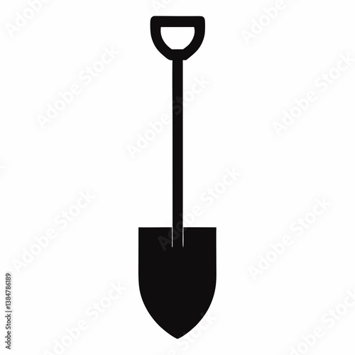 Old black metal shovel with wooden handle isolated on white background