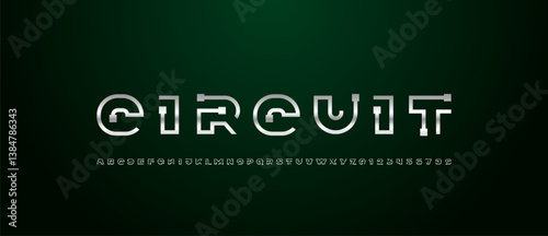 Font digital cyber alphabet, chrome silver letters A, B, C, D, E, F, G, H, I, J, K, L, M, N, O, P, Q, R, S, T, U, V, W, X, Y, Z and numerals 0, 1, 2, 3, 4, 5, 6, 7, 8, 9.