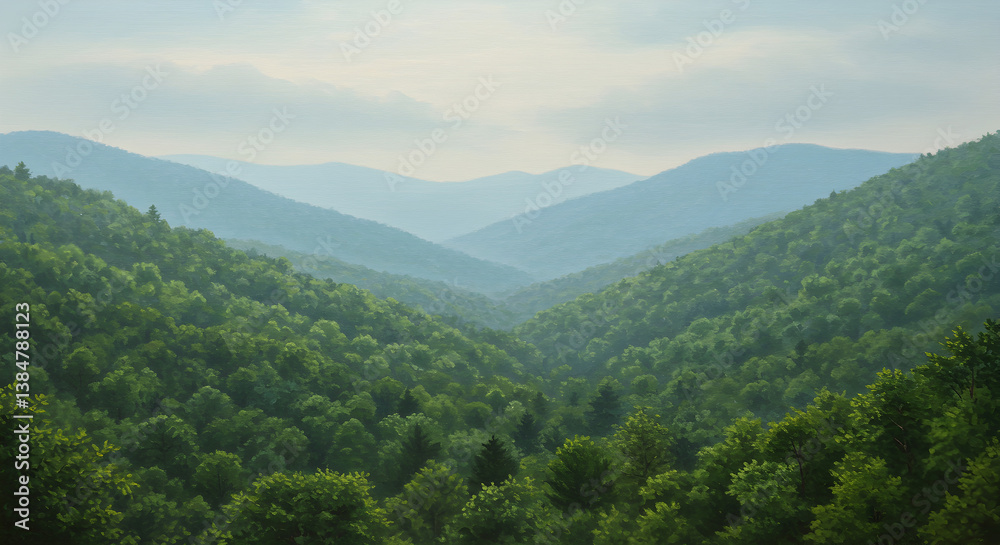 Obraz premium Expansive View of Verdant Mountain Range with Layers of Lush Forest and Rolling Hills Under a Bright Cloudy Sky
