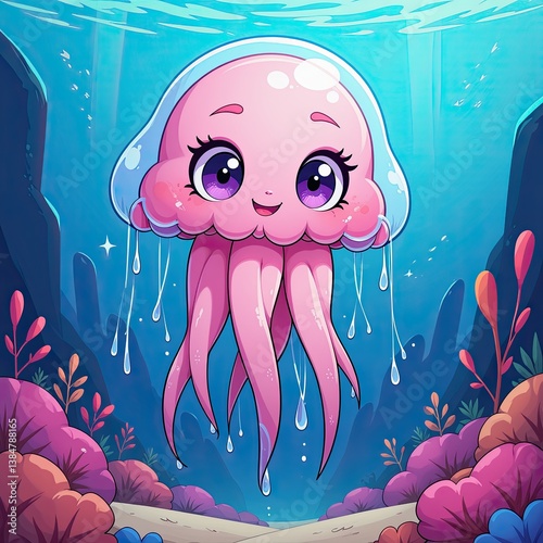 Vibrant Underwater Scene: Pink Jellyfish in Tranquil Blue Water. A cute pink jellyfish with big eyes swimming in the ocean. photo