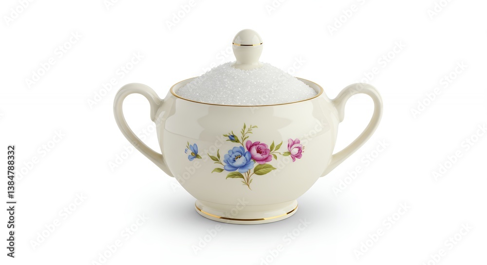 Elegant ceramic sugar bowl overflowing with granulated sweetness on white background Elegant ceramic sugar bowl overflowing with granulated sweetness on white background