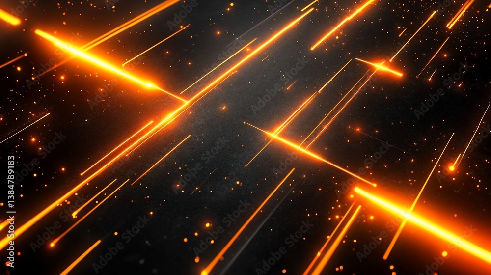Obraz premium Dynamic Orange Light Streams on a Dark Surface with Starry Particle Effects
