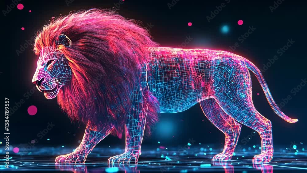 Neon glowing wireframe lion walking on futuristic digital surface. 4K video