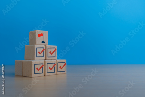 Check business success, red flag icon and check mark on cube