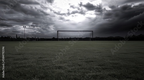 Dramatic Soccer Goal Under Ominous Cloudy Sky at Dusk Time